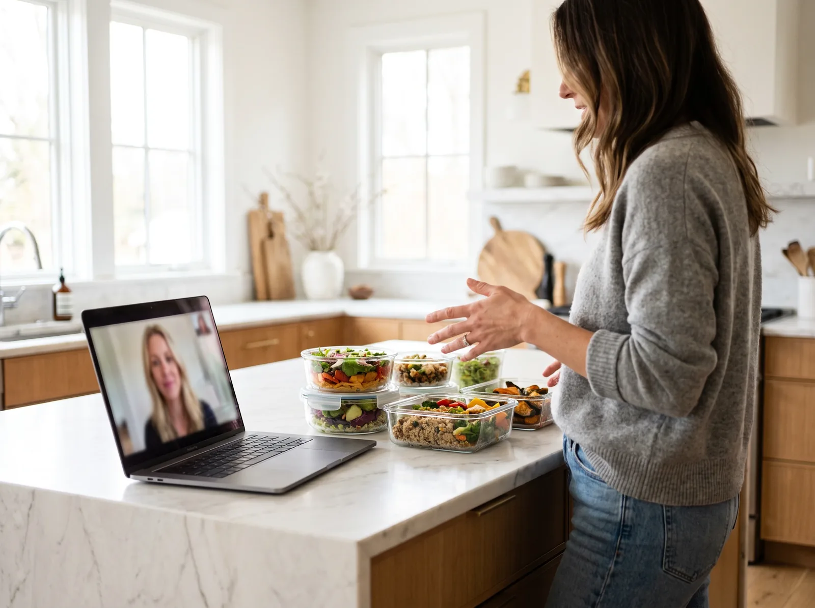 A woman on a video coaching call in her kitchen, with prepped meal containers on the counter