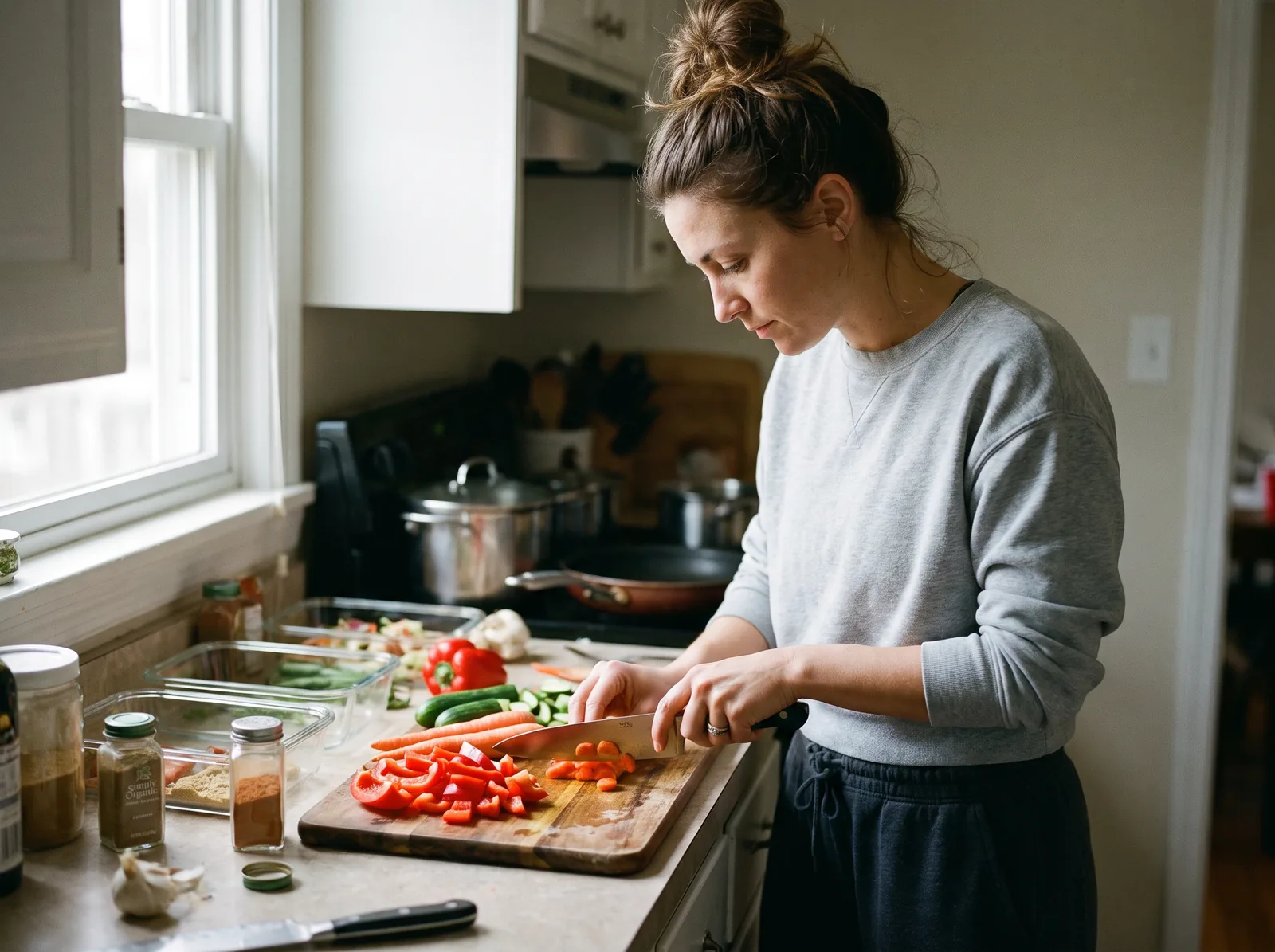 A woman chopping fresh vegetables at a home kitchen counter as part of meal prep